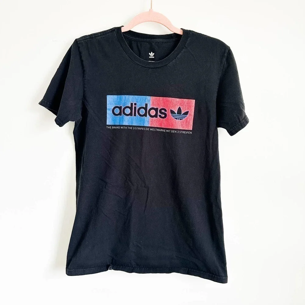 Adidas Black Blue Red Logo Basic Cotton Crew Neck Tee Shirt sz Small